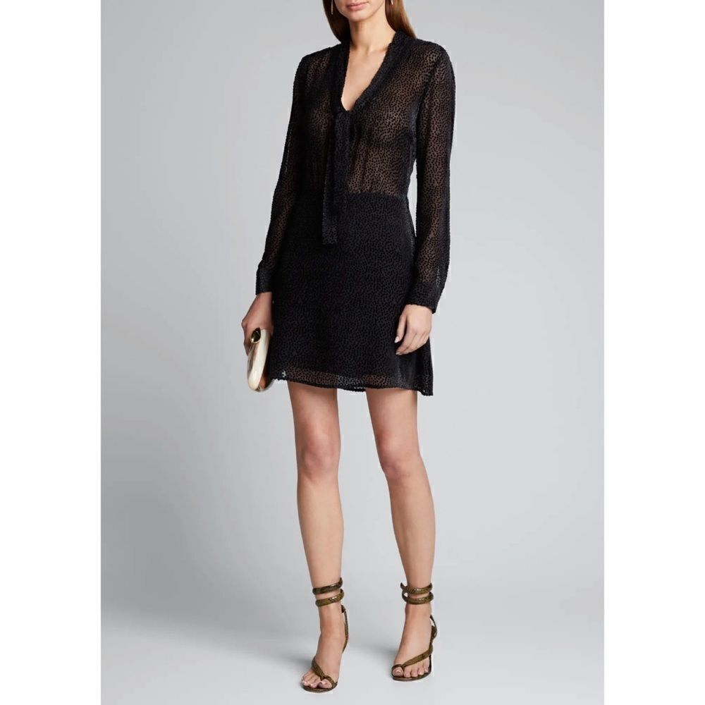 L'AGENCE Alesia Flocked Tie Neck Dress in Navy